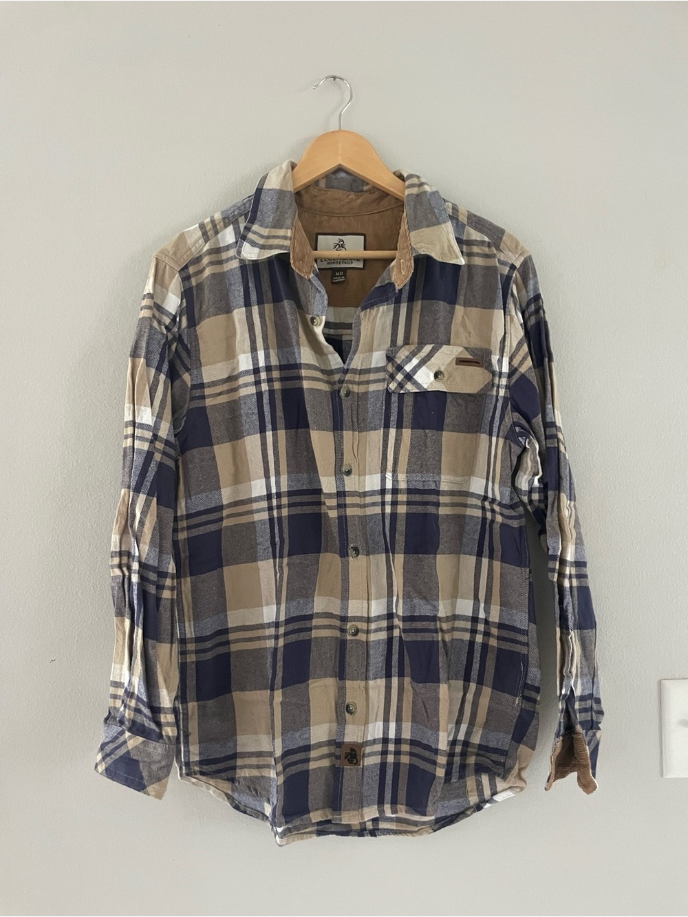 Mens Legendary Whitetails Tan Blue & White Plaid Button-Up Shirt